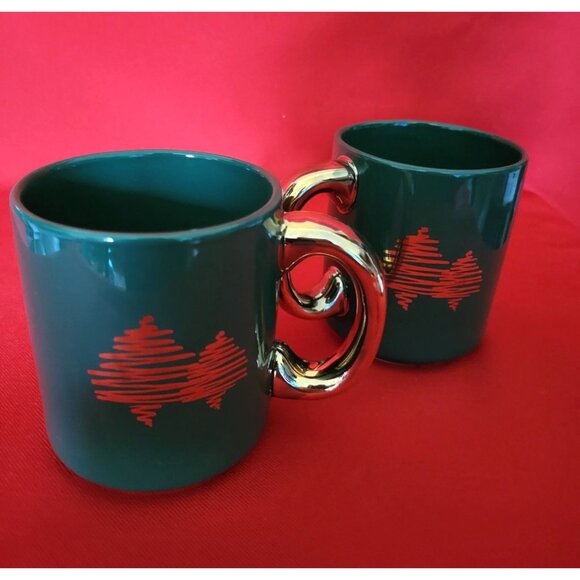 Vintage Christmas Mugs Celebrate the Season Gold Decal Green Set of Four - Picture 5 of 12